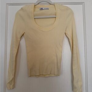 Zara Ribbed Scoop Neck Long Sleeve Top - Butter Yellow